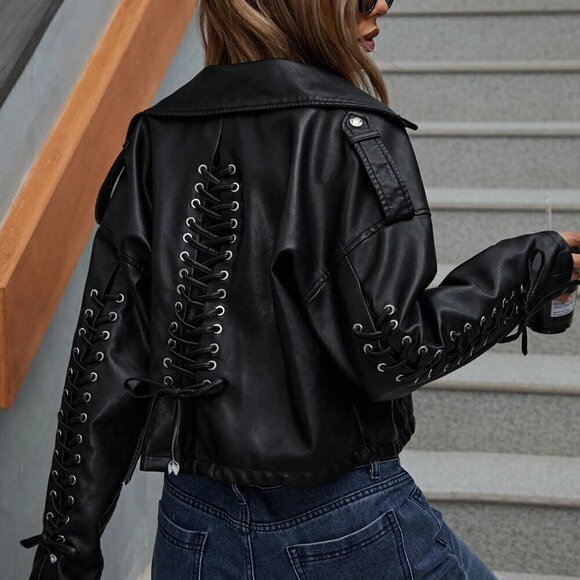 Black Casual Women's Retro Punk Style Cropped Pu Leather Moto Jacket With Straps - Picture 4 of 6